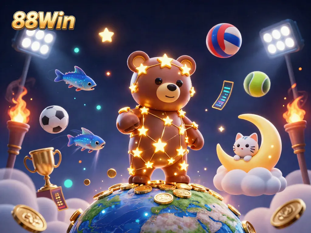 Engage with the thrilling world of 88Win as the golden constellation bear spreads joy and coins in a lively casino atmosphere.