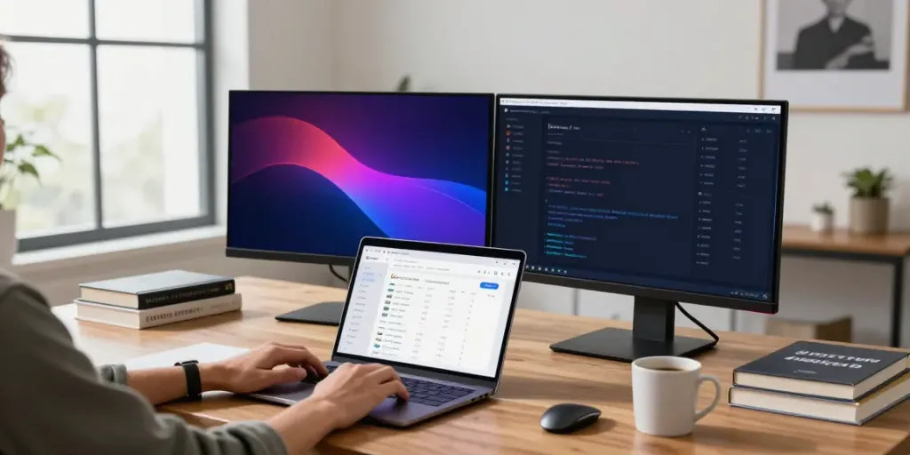 Tech-savvy professional managing instant indexing tools in a modern home office, showcasing dual monitors and Google Search statistics.