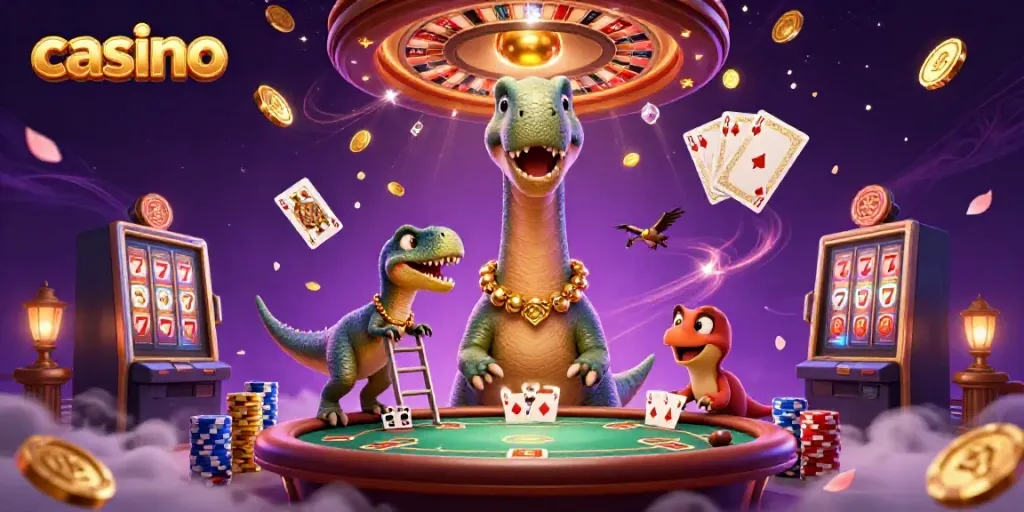 Experience a vibrant casino scene with whimsical dinosaurs, gold coins, and cards in action.