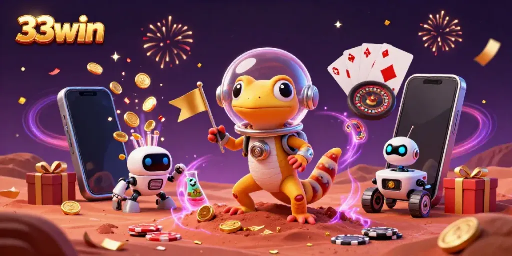 Engage with 33win's vibrant casino adventure featuring a Martian gecko and thrilling gaming elements.