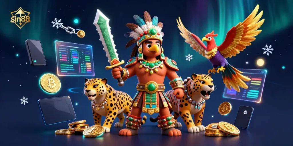 Experience the thrill of sin88 with vibrant Aztec warriors and floating cryptocurrencies.