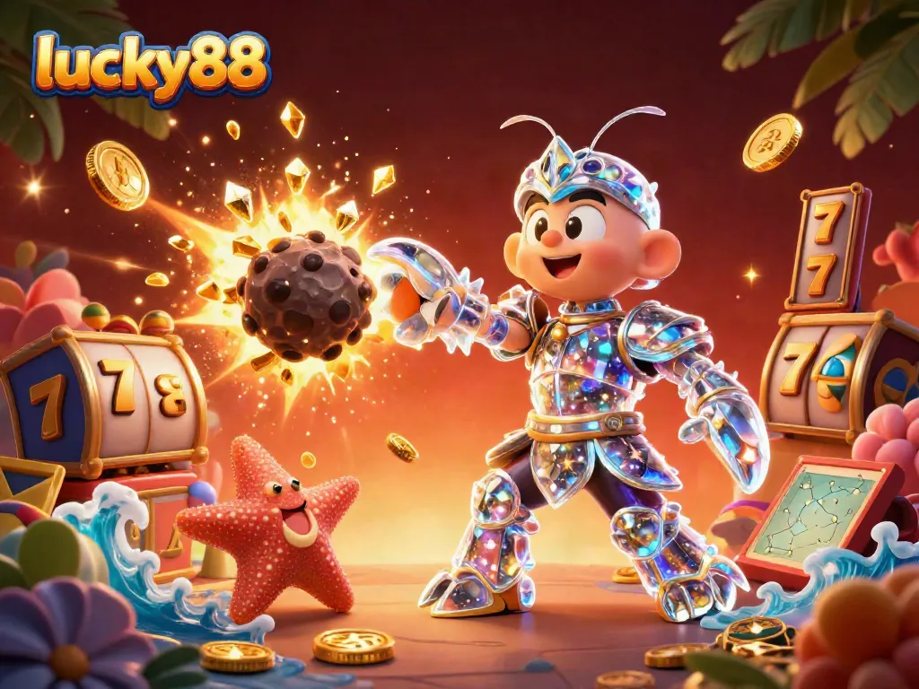 Engage with lucky88’s thrilling slots in a vibrant 3D digital illustration showcasing an action-packed casino scene.