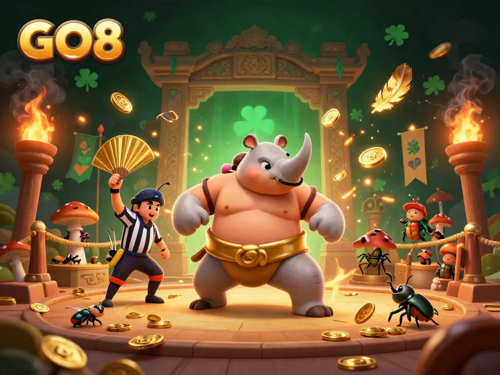 Experience the excitement of GO8 as the rhinoceros beetle champion stomps coins in a thrilling casino atmosphere.