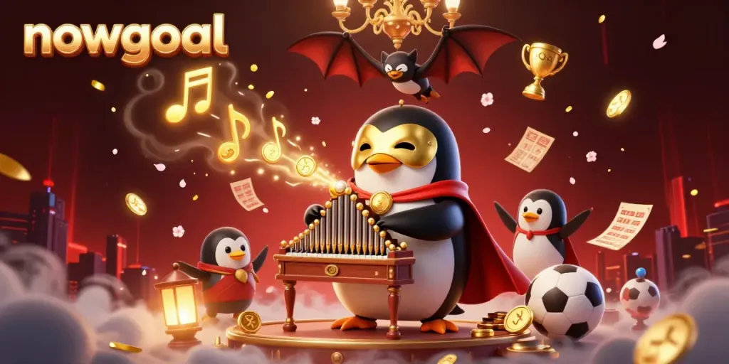 Experience live betting excitement with nowgoal, featuring a penguin playing a golden organ amidst dynamic sports elements.
