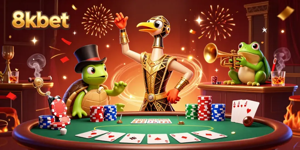 Engage with exciting casino games at 8xbet featuring vivid characters in a lively gambling scene.