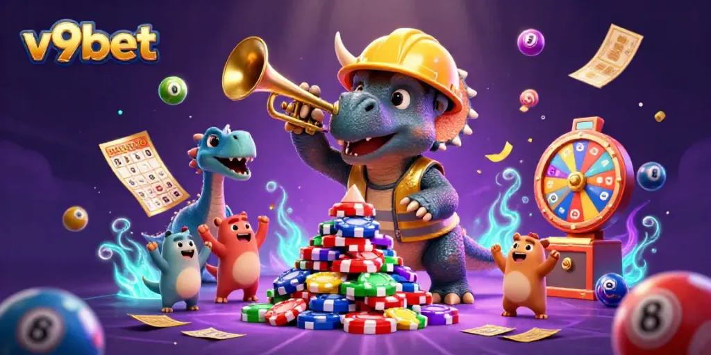 Experience thrilling action at v9bet with a vibrant 3D illustration of casino excitement.