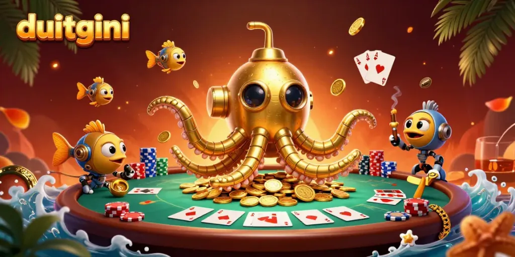 Dive into excitement with DuitGini's golden kraken submarine surfacing among poker chips and cards.