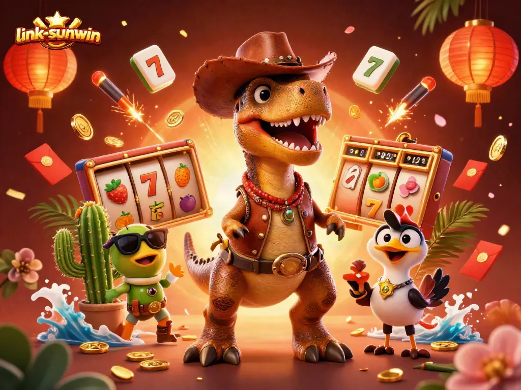 Play casino games with link-sunwin featuring vibrant 3D slots, characters, and celebratory elements.