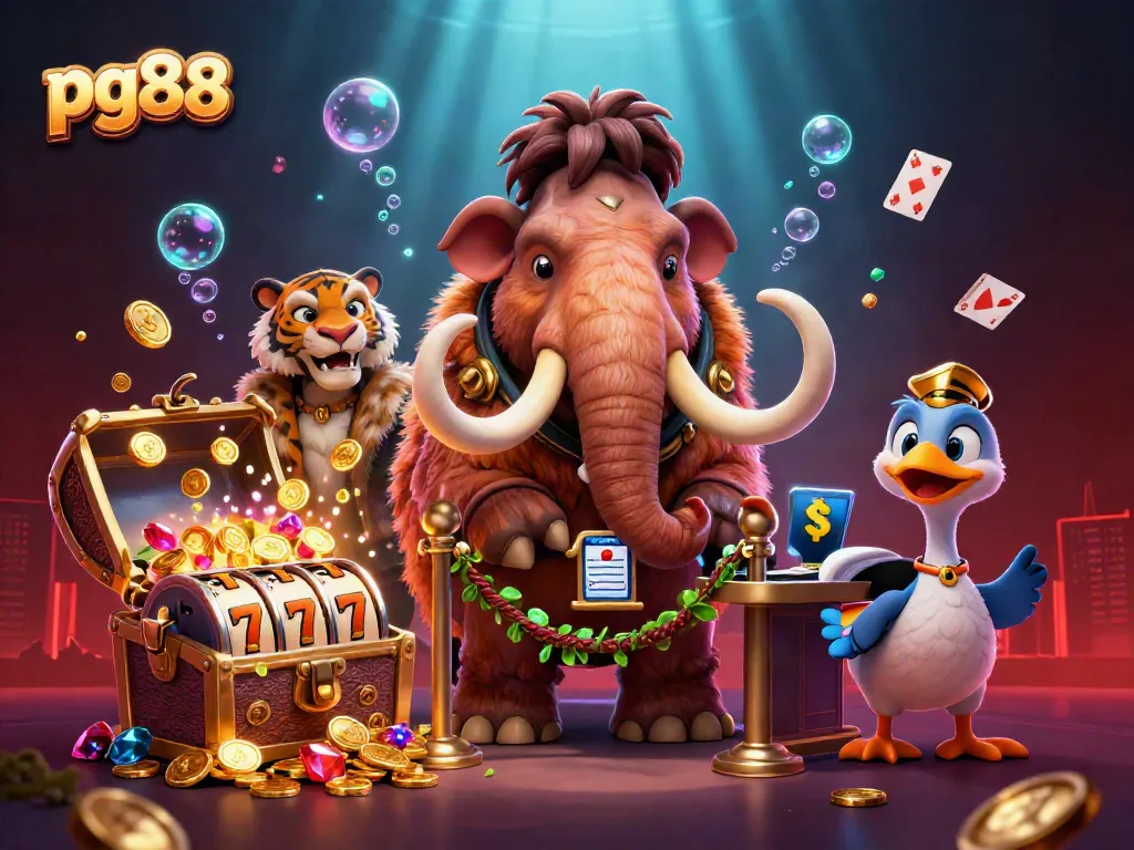 Experience the excitement of pg88 with a colorful casino scene featuring a woolly mammoth bouncer and a VIP saber-tooth tiger.