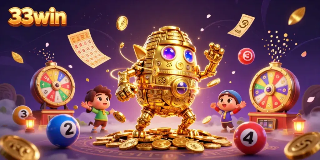 Win big at 33win with a dynamic casino experience featuring a golden golem and vibrant game elements.