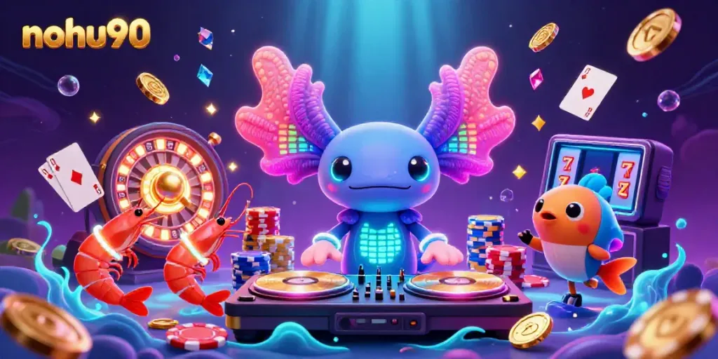 Nohu90 casino scene with an axolotl DJ, shrimp dancers, and sparkling game elements in vivid colors.