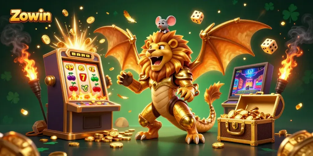 Experience the excitement of Zowin's casino games with a fantastical chimera and dynamic slot machine action.