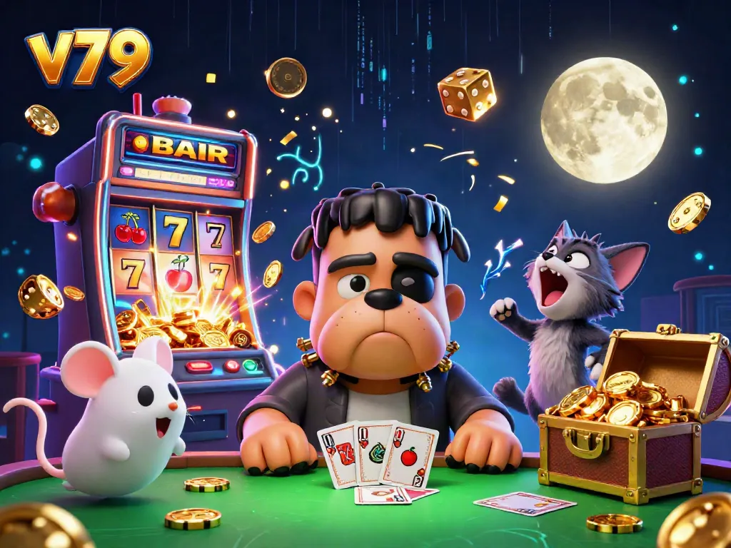Experience thrilling gaming with v79 in a lively casino scene featuring colorful characters and exciting elements.
