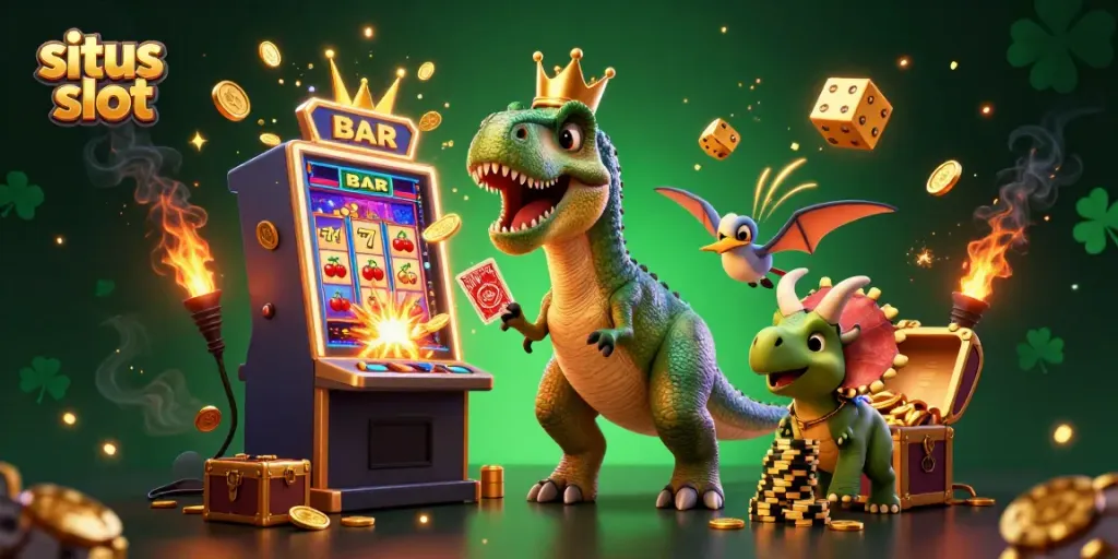 Experience exciting situs slot action with a cartoon T-Rex and friends amidst vibrant casino elements.