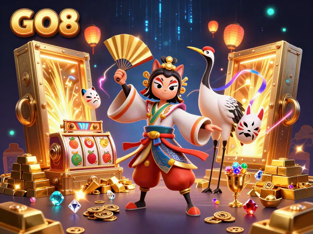Experience the dynamic GO8 gaming action with a kabuki warrior and rich treasures.