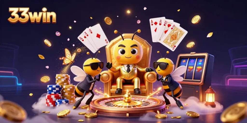 Experience thrilling casino action with 33win's 3D cartoon bumblebee mob boss amid a lively gaming scene.