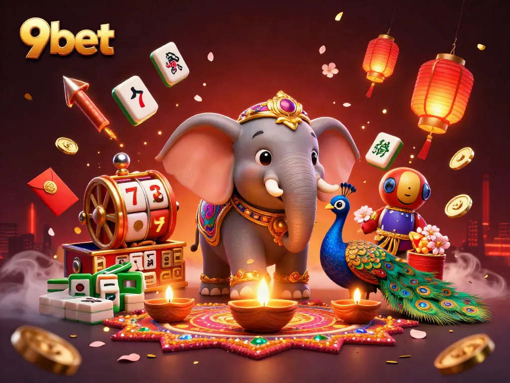 Engage with 9bet's thrilling slots as a vibrant 3D casino scene glows with excitement.