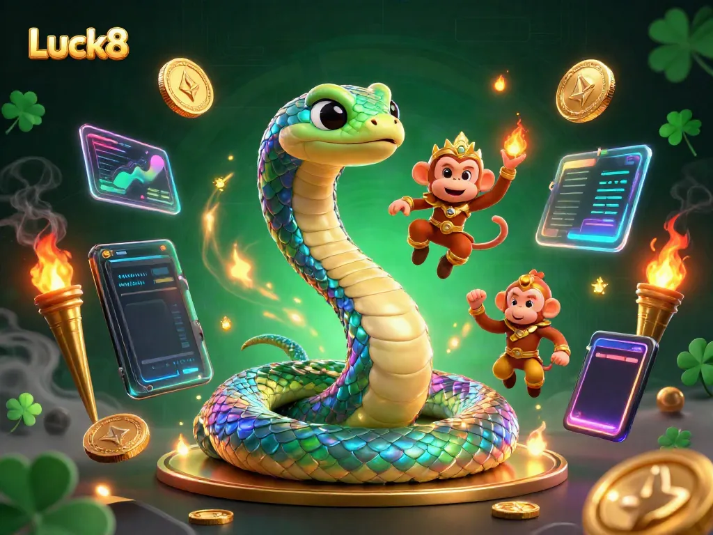 Luck8 showcases a vibrant illustration of enchanting characters in a casino-themed setting with shimmering colors and dynamic elements.