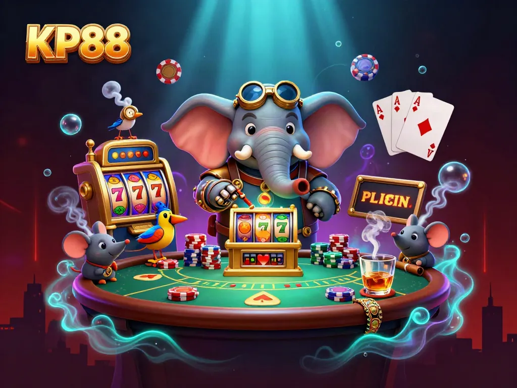 Engage in thrilling KP88 slot action featuring steampunk characters and vibrant casino elements.