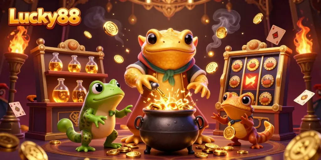Experience the magic of Lucky88 with a golden alchemist, bubbling cauldron, and vibrant slot reels.