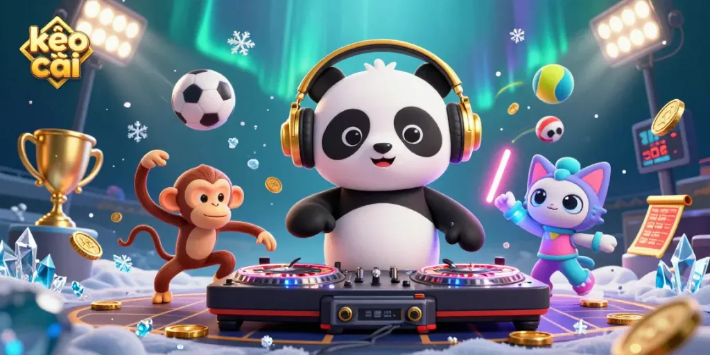 Engage in kèo nhà cái with lively DJ panda and colorful characters celebrating on a vibrant dance floor.