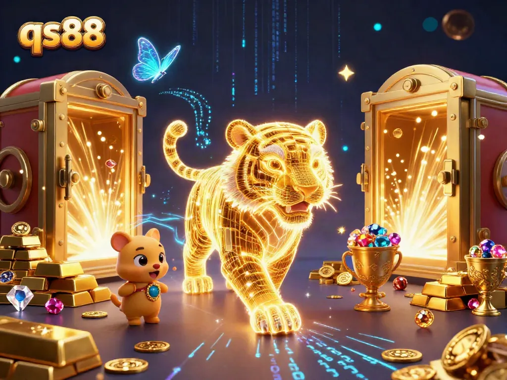 Experience thrilling wins at qs88 with vibrant 3D digital casino action featuring a golden tiger and treasures.