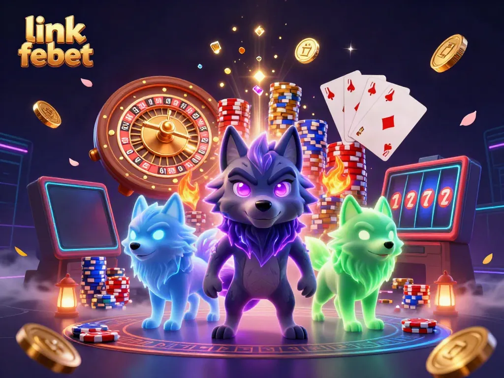 Spin and win at link febet with a mystical 3D casino scene featuring charming wolf spirits and dynamic game elements.