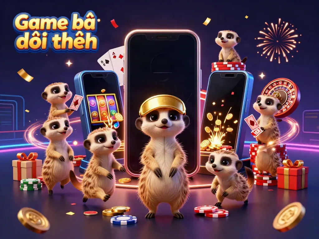 Meerkats thrillingly operate a colorful casino in a lively 3D illustration for Game bài đổi thưởng