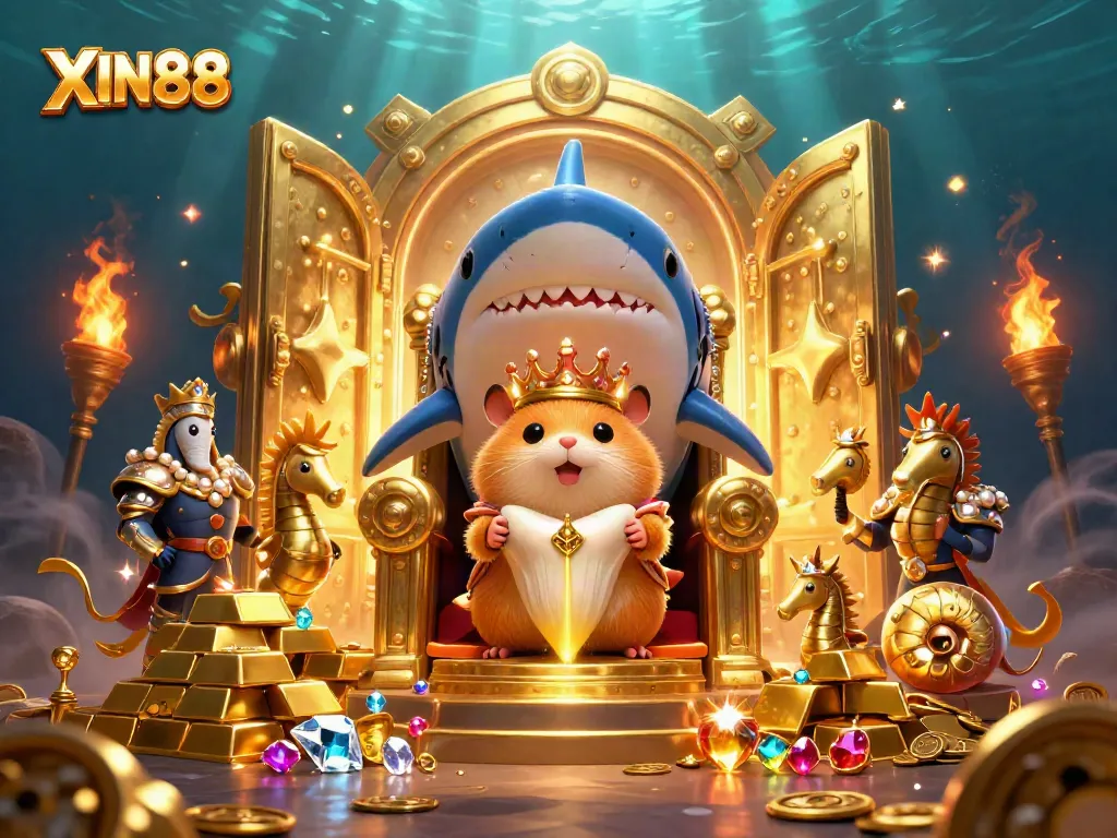 XIN88 delivers an epic gaming adventure featuring a golden hamster king on a megalodon throne in a treasure-filled underwater realm.