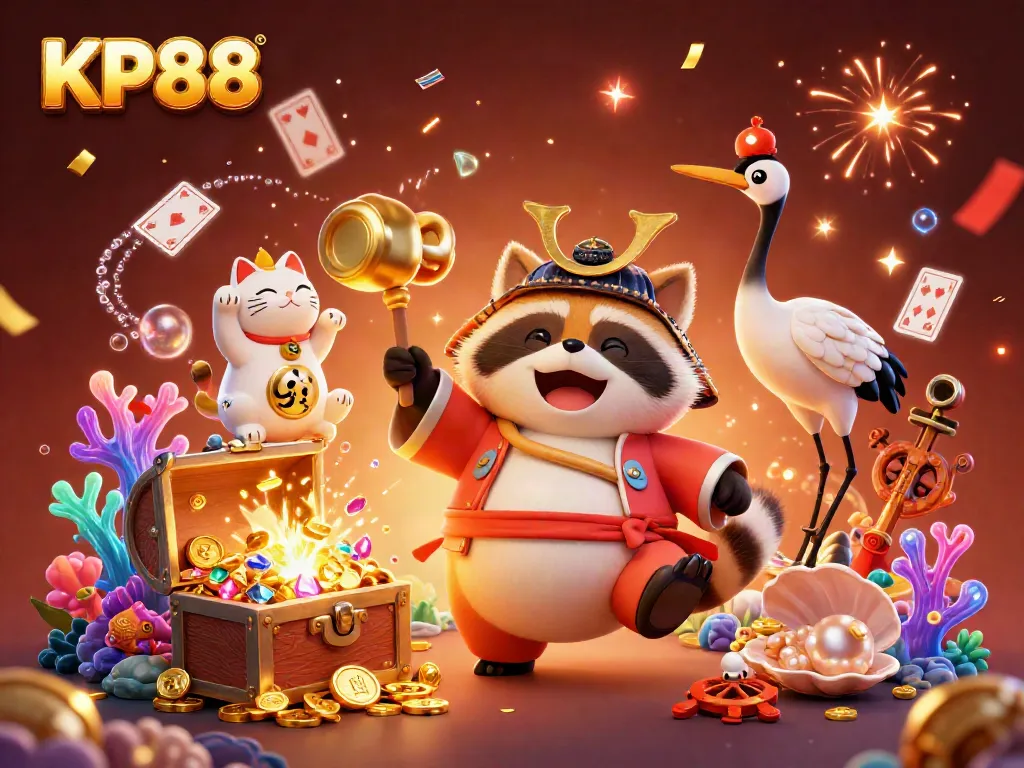 Experience the thrilling atmosphere of KP88 with cheerful tanuki, crane, and fortune cats amidst riches and festive elements.