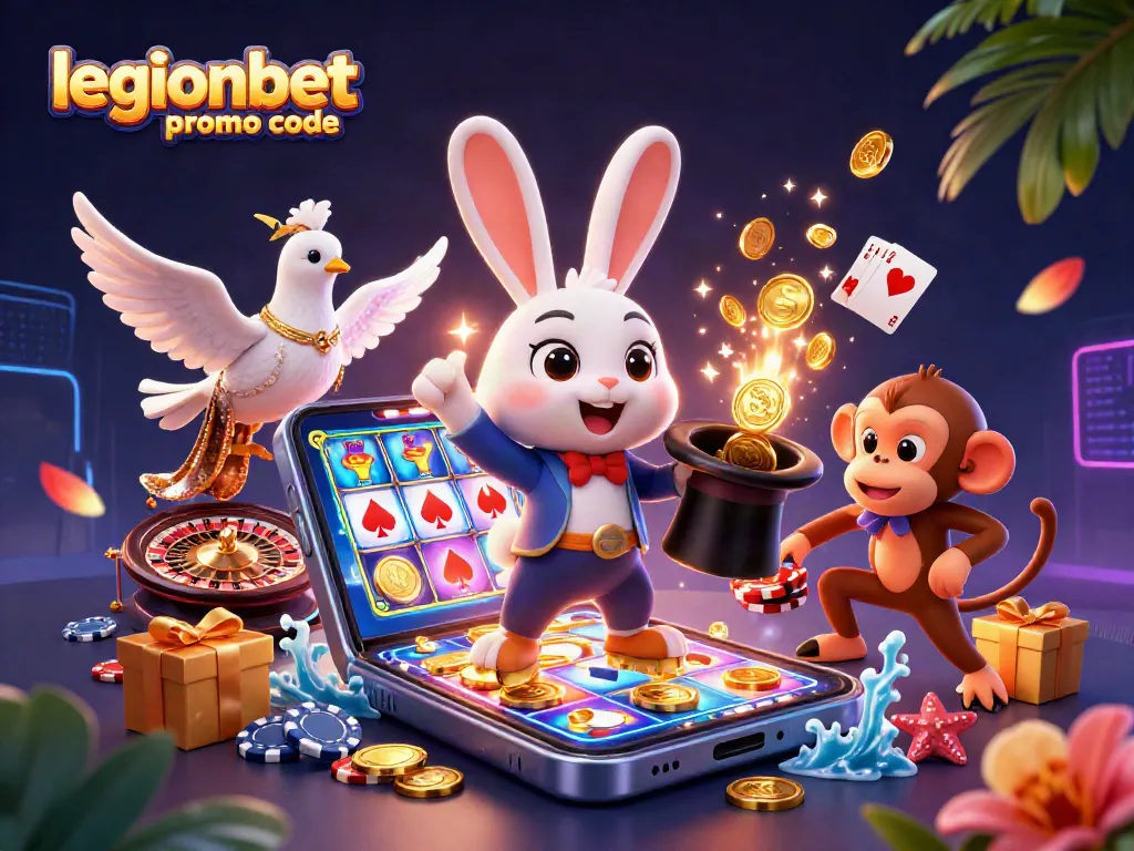 Win with the latest legionbet promo code while enjoying slots and casino games in a vibrant illustrated scene.
