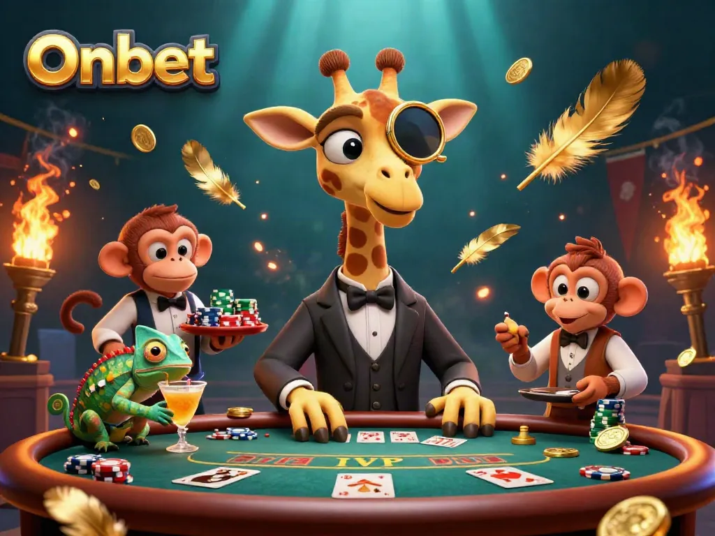 Engage with Onbet's vibrant gambling scene featuring a giraffe at a poker table surrounded by riches.