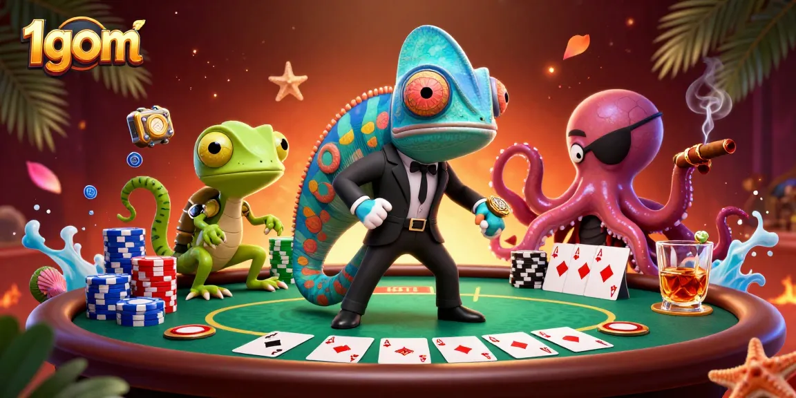 Engage with thrilling 1gom gameplay surrounded by poker elements, colorful chips, and animated characters.