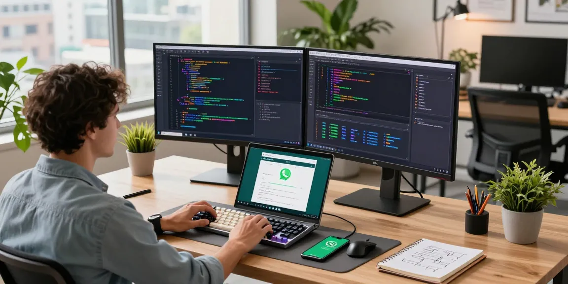 Developer's workspace showcasing WhatsApp下載 app on screens and coding tools in a bright modern office.
