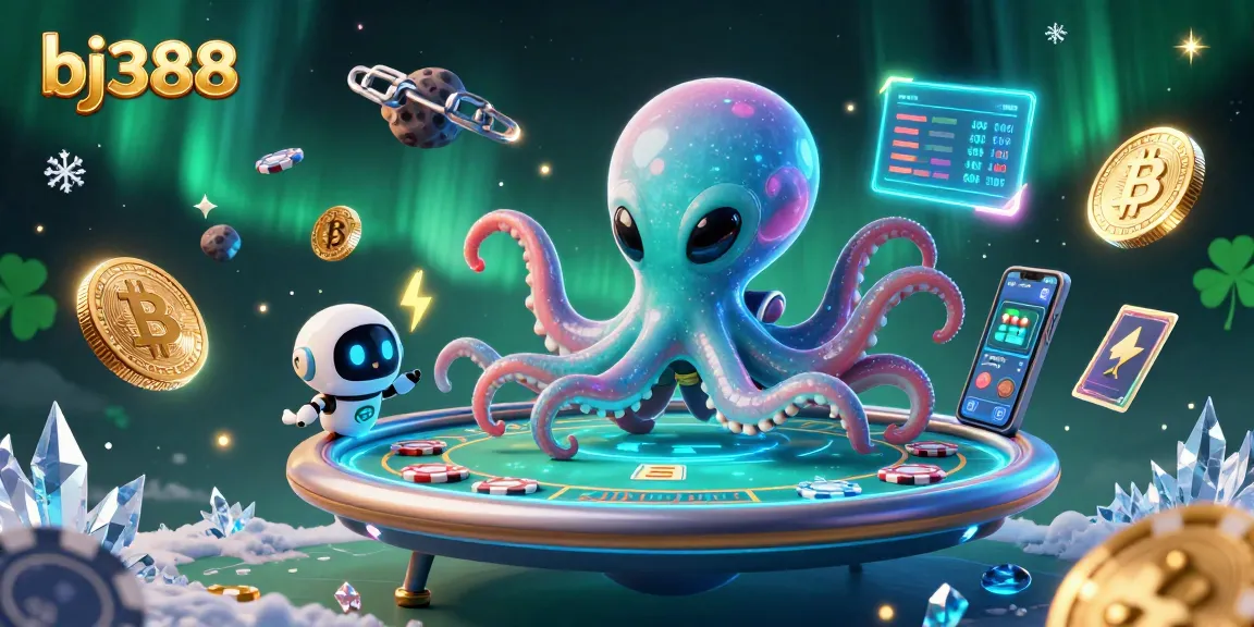 Experience thrilling gaming action with bj388, featuring an alien octopus at a holographic poker table.