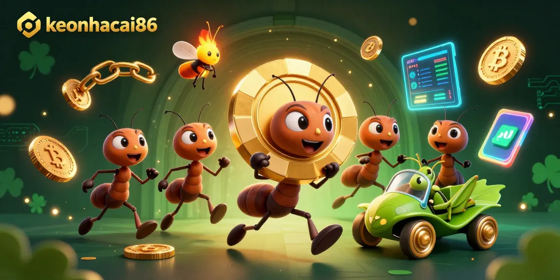 Experience keonhacai86 excitement with ants stealing a giant poker chip amid cryptocurrencies and vibrant visuals.