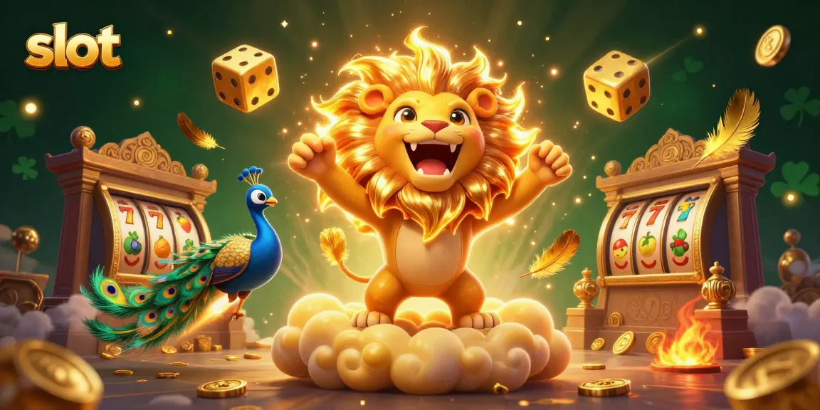 Play exciting slot games surrounded by a roaring lion and golden cosmic elements.