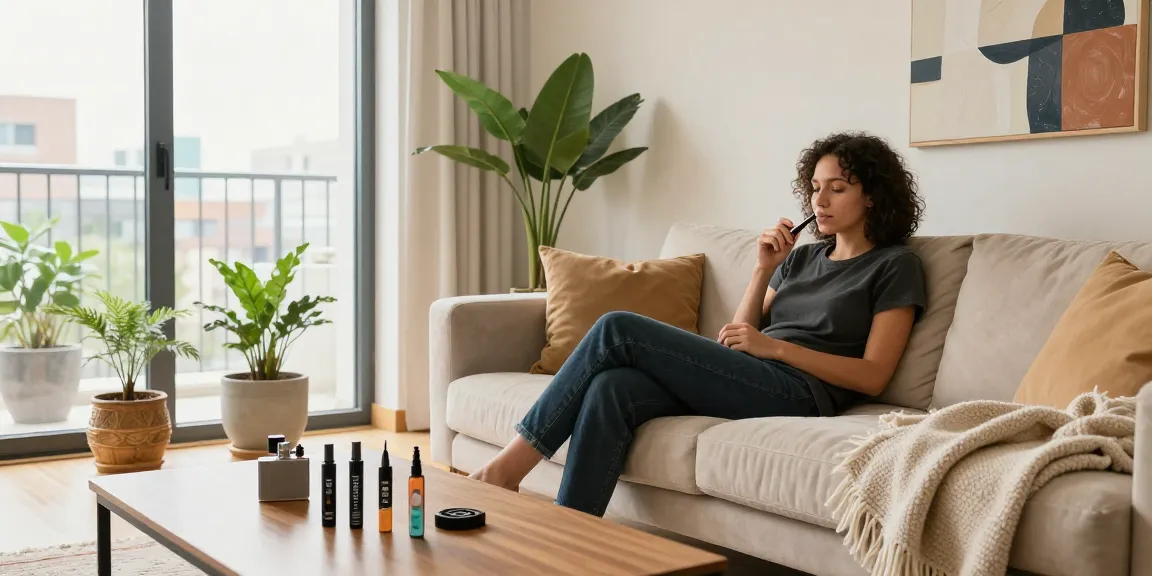 Individual enjoying thc pens in a stylish urban apartment.