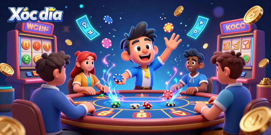 Xóc đĩa players engaging in a vibrant digital casino game, lively atmosphere filled with glowing chips and excitement.