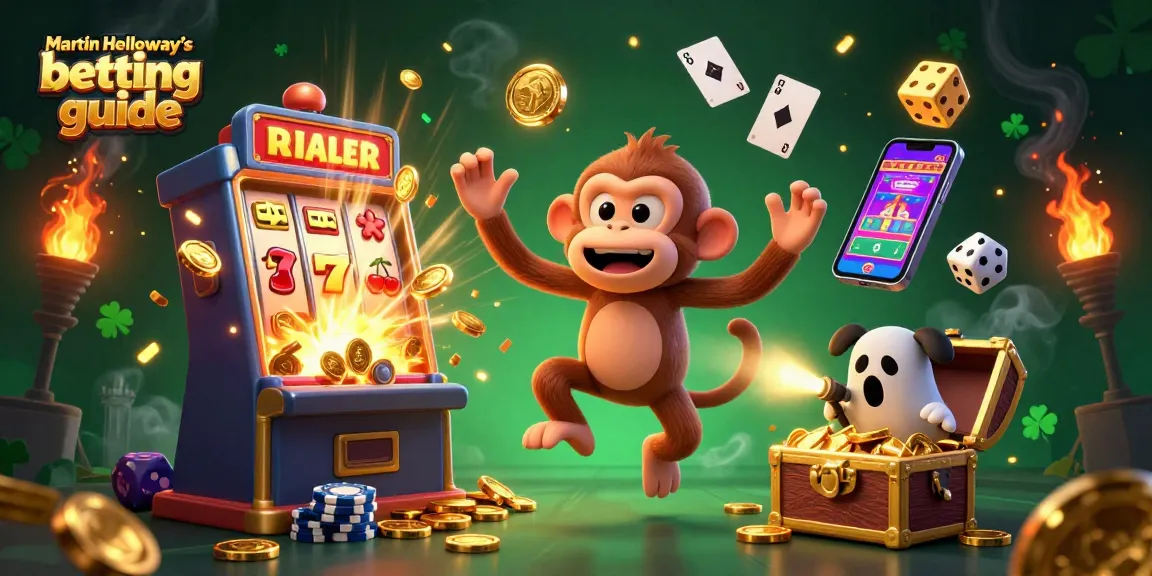 Experience Martin Holloway's betting guide with a playful poltergeist monkey juggling casino elements in a dynamic illustration.