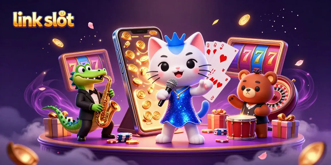 Gambar link slot menampilkan kucing penyanyi jazz 3D, buaya, dan beruang dalam suasana kasino.