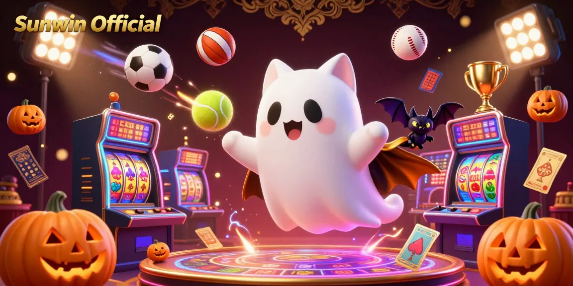 Win big with Sunwin Official in a vibrant casino scene featuring 3D characters like a ghost cat and vampire bat.