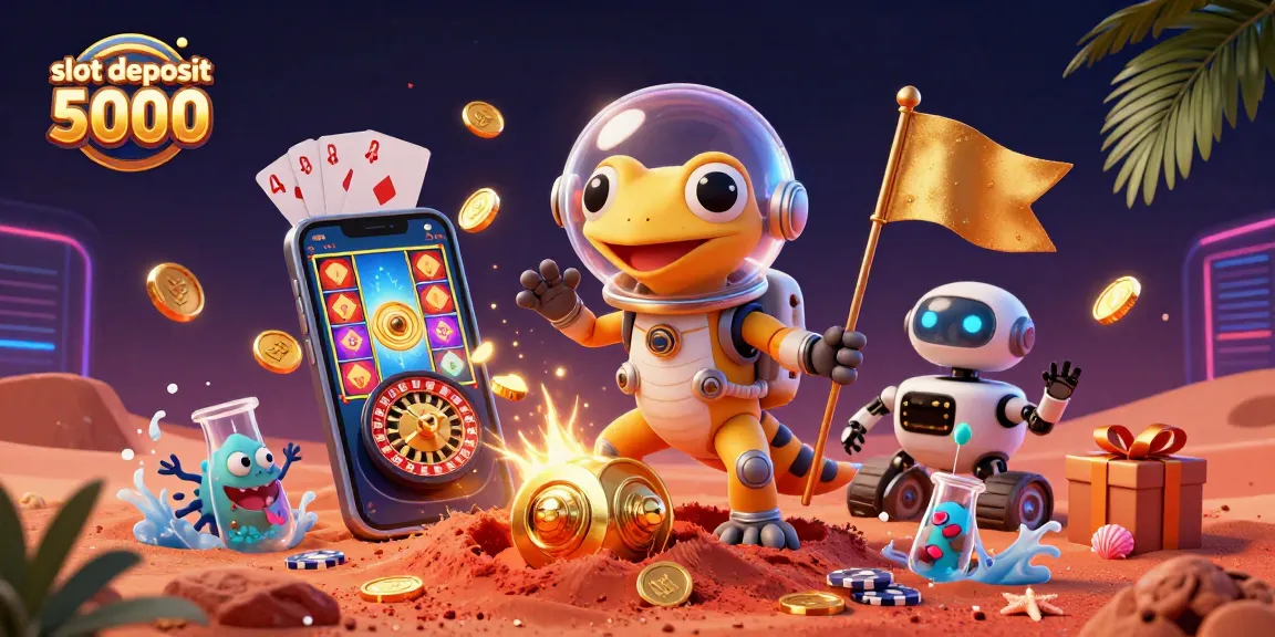 Engage with slot deposit 5000 in a vibrant, futuristic casino scene with dynamic gaming elements.