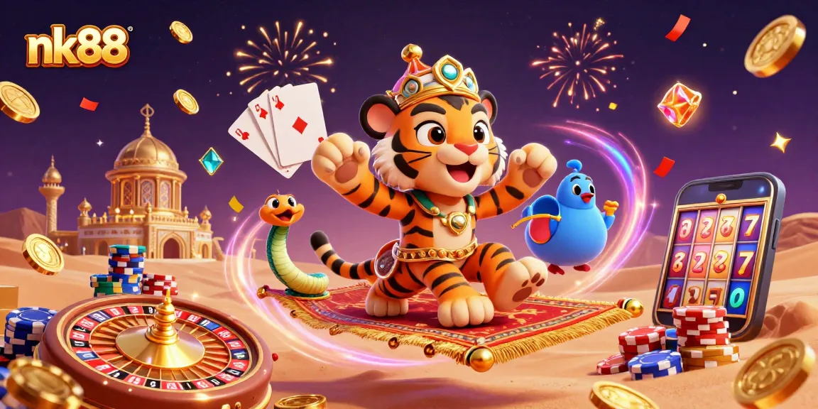 Experience the thrill of nk88 with a vibrant casino scene featuring a tiger sultan and magical elements.
