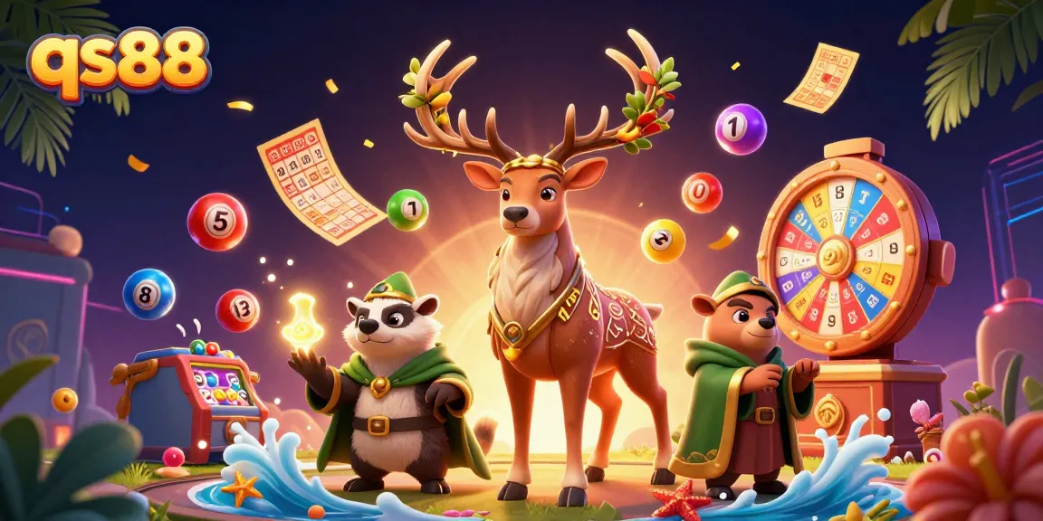 Reveal hidden treasures at qs88 with colorful lottery balls and dynamic prizes flowing around festive characters.