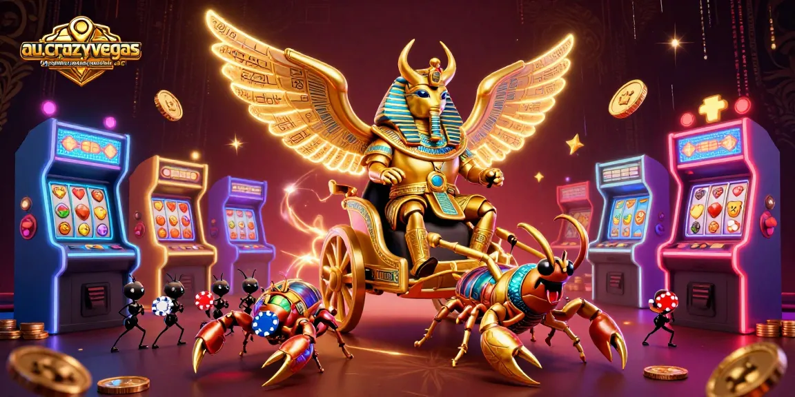 A colorful scene depicting au.crazyvegas.com top online casinos australia featuring a golden scarab beetle,scorpions, and poker chips in a vibrant casino atmosphere.