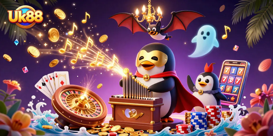 Play with Uk88 at a vibrant online casino with golden coins and games action.