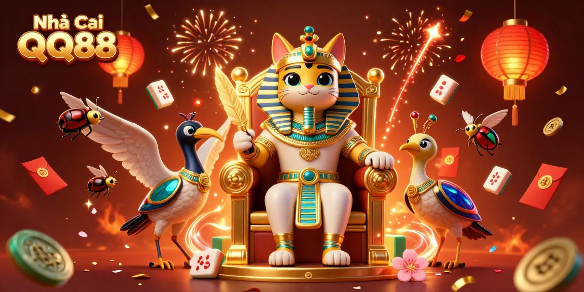 Engage in thrilling gaming at Nhà Cái QQ88 with captivating characters and festive elements surrounding an exciting casino atmosphere.