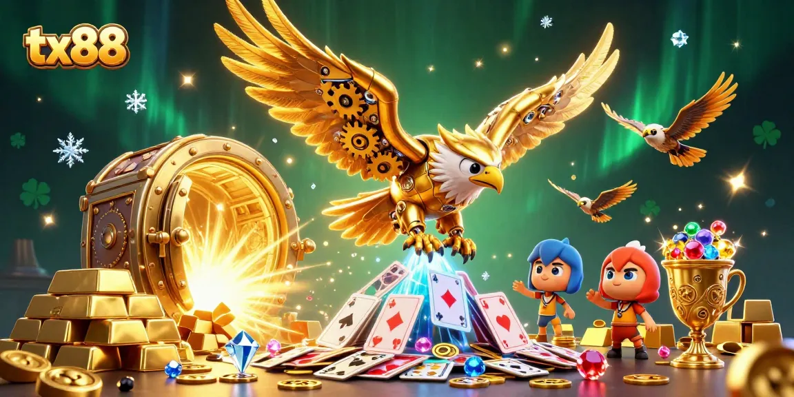 Experience thrilling gaming with tx88, featuring golden treasures and holographic cards in a vibrant casino atmosphere.