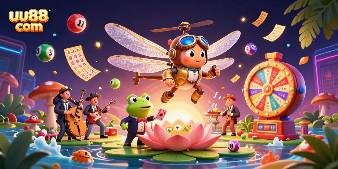 Experience thrilling games at uu88 com with vibrant scenes of a lily pad casino and lively performers.